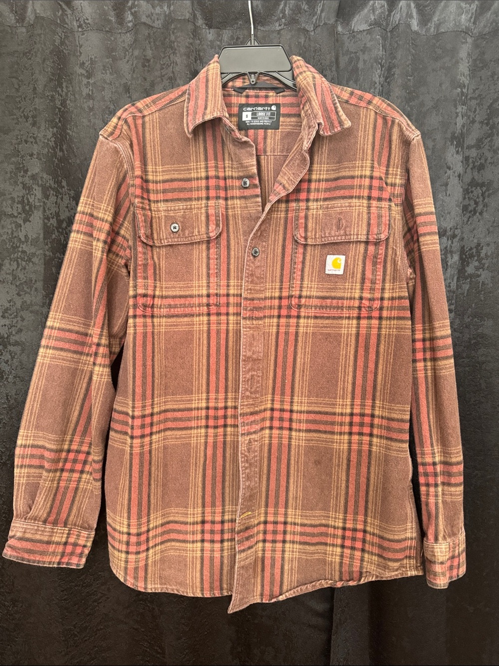 Carhartt Brown Plaid Flannel Shirt Jacket with Red Accents